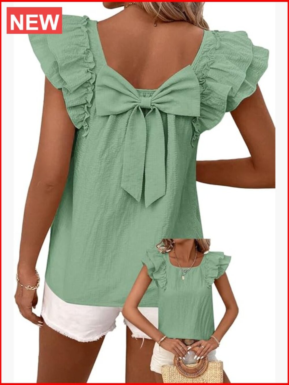Ruffle Short Sleeve Blouse with Bow Tie Back Chiffon Tunic Top